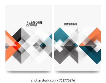 Business brochure cover layout, flyer a4 template. Triangle geometric design, blue and orange colors