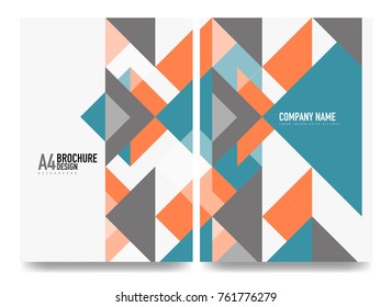 Business brochure cover layout, flyer a4 template. Triangle geometric design, blue and orange colors