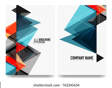 Business brochure cover layout, flyer a4 template. Triangle geometric design, blue and orange colors