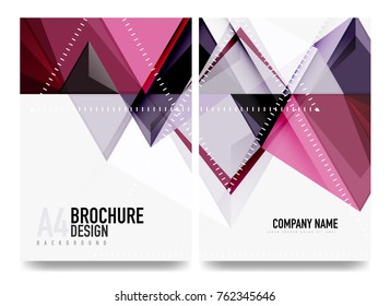 Business brochure cover layout, flyer a4 template. Triangle purple geometric design