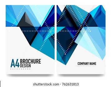 Business brochure cover layout, flyer a4 template. Triangle blue geometric design