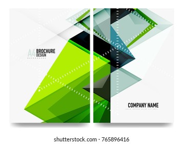 Business brochure cover layout, flyer a4 template. Triangle green and blue geometric design