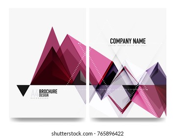 Business brochure cover layout, flyer a4 template. Triangle purple geometric design