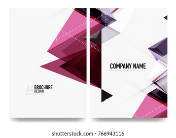 Business brochure cover layout, flyer a4 template. Triangle purple geometric design