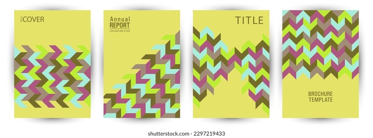 Business brochure cover layout set geometric design. Bauhaus style vintage front page mockup set vector. Mosaic geometric elements background vertical card design