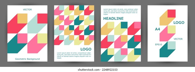 Business brochure cover page mokup collection graphic design. Minimalist style vintage placard layout collection vector. Mosaic geometric shapes composition A4 cover design