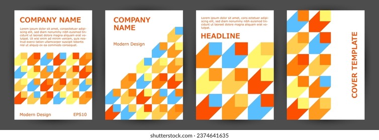 Business brochure cover page mokup collection vector design. Memphis style cool poster layout collection vector. Mosaic geometric shapes composition vertical card design