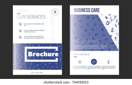 Business Brochure Cover Template in blue color. Flyer with inline doodle icons, Modern clean Infographic Concept for annual report. Vector illustration.