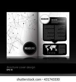 Business brochure design template. Abstract background with dots and lines. Circle abstarct background. Black and white brochure design. World map infographic element. Stock vector.