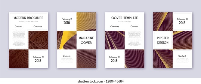 Business brochure design template set. Gold abstract lines on bordo background. Adorable brochure design. Admirable catalog, poster, book template etc.
