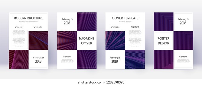 Business brochure design template set. Violet abstract lines on dark background. Alive brochure design. Fine catalog, poster, book template etc.