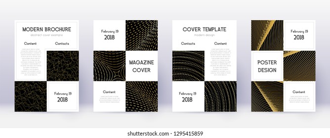 Business brochure design template set. Gold abstract lines on black background. Admirable brochure design. Uncommon catalog, poster, book template etc.