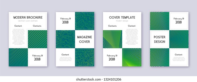 Business brochure design template set. Green abstract lines on dark background. Adorable brochure design. Cute catalog, poster, book template etc.
