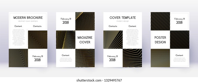 Business brochure design template set. Gold abstract lines on black background. Admirable brochure design. Surprising catalog, poster, book template etc.