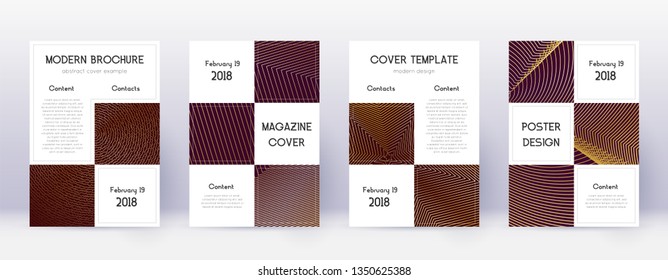 Business brochure design template set. Gold abstract lines on bordo background. Adorable brochure design. Bizarre catalog, poster, book template etc.