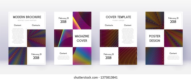 Business brochure design template set. Rainbow abstract lines on wine red background. Alive brochure design. Attractive catalog, poster, book template etc.