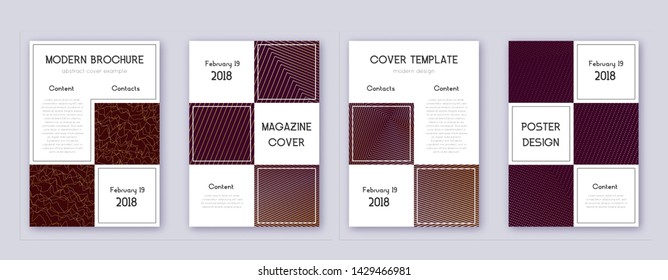 Business brochure design template set. Gold abstract lines on bordo background. Adorable brochure design. Amazing catalog, poster, book template etc.
