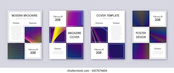 Business brochure design template set. Rainbow abstract lines on dark blue background. Adorable brochure design. Precious catalog, poster, book template etc.