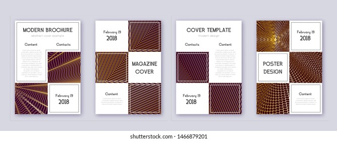 Business brochure design template set. Gold abstract lines on bordo background. Admirable brochure design. Wondrous catalog, poster, book template etc.