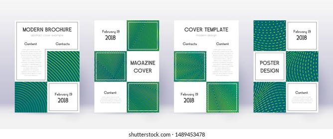 Business brochure design template set. Green abstract lines on dark background. Adorable brochure design. Eminent catalog, poster, book template etc.