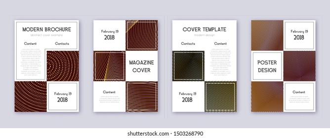 Business brochure design template set. Gold abstract lines on bordo background. Adorable brochure design. Appealing catalog, poster, book template etc.