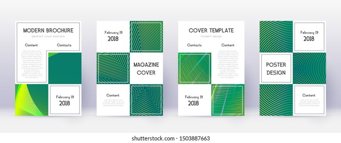 Business brochure design template set. Green abstract lines on dark background. Adorable brochure design. Ecstatic catalog, poster, book template etc.