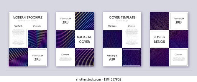 Business brochure design template set. Rainbow abstract lines on dark blue background. Adorable brochure design. Shapely catalog, poster, book template etc.