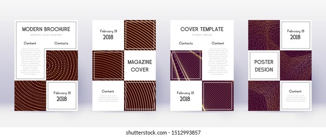 Business brochure design template set. Gold abstract lines on bordo background. Adorable brochure design. Bold catalog, poster, book template etc.