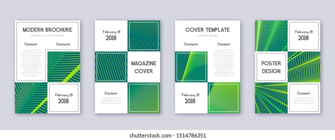Business brochure design template set. Green abstract lines on dark background. Adorable brochure design. Delicate catalog, poster, book template etc.