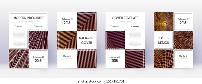 Business brochure design template set. Gold abstract lines on bordo background. Adorable brochure design. Brilliant catalog, poster, book template etc.
