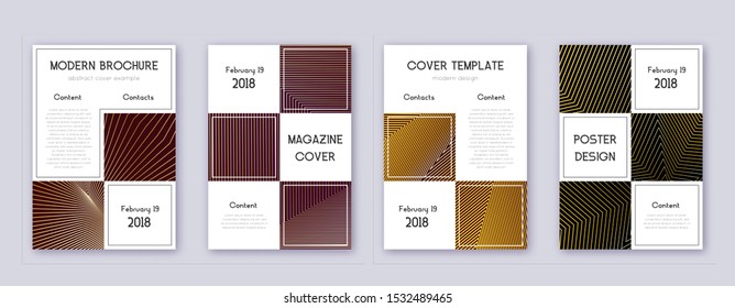 Business brochure design template set. Gold abstract lines on bordo background. Adorable brochure design. Actual catalog, poster, book template etc.