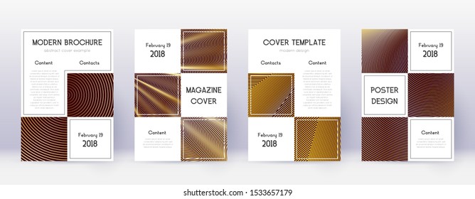 Business brochure design template set. Gold abstract lines on bordo background. Adorable brochure design. Artistic catalog, poster, book template etc.