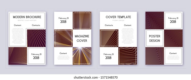 Business brochure design template set. Gold abstract lines on bordo background. Admirable brochure design. Unusual catalog, poster, book template etc.