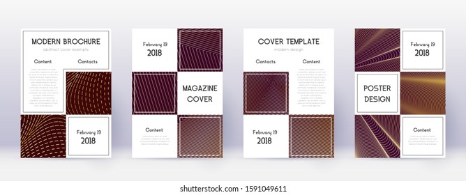 Business brochure design template set. Gold abstract lines on bordo background. Adorable brochure design. Beautiful catalog, poster, book template etc.