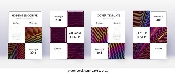 Business brochure design template set. Rainbow abstract lines on wine red background. Alive brochure design. Authentic catalog, poster, book template etc.