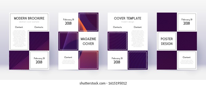 Business brochure design template set. Violet abstract lines on dark background. Alive brochure design. Fresh catalog, poster, book template etc.