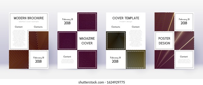 Business brochure design template set. Gold abstract lines on bordo background. Adorable brochure design. Captivating catalog, poster, book template etc.