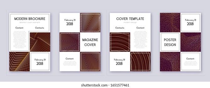 Business brochure design template set. Gold abstract lines on bordo background. Adorable brochure design. Alive catalog, poster, book template etc.