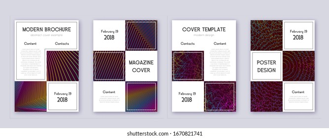 Business brochure design template set. Rainbow abstract lines on wine red background. Adorable brochure design. Valuable catalog, poster, book template etc.
