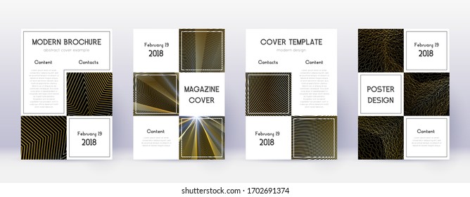Business brochure design template set. Gold abstract lines on black background. Admirable brochure design. Stunning catalog, poster, book template etc.