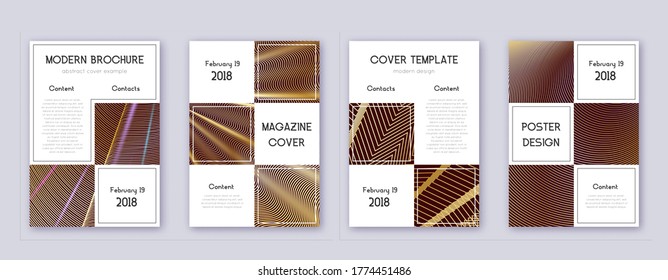 Business brochure design template set. Gold abstract lines on bordo background. Adorable brochure design. Alluring catalog, poster, book template etc.