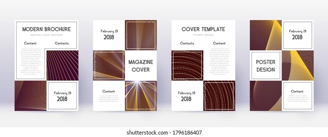 Business brochure design template set. Gold abstract lines on bordo background. Adorable brochure design. Bewitching catalog, poster, book template etc.