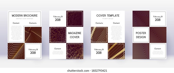 Business brochure design template set. Gold abstract lines on bordo background. Adorable brochure design. Breathtaking catalog, poster, book template etc.