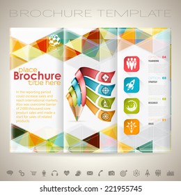 Business Brochure Design with Triangle Pattern, Pencil, Icons and Number Options. Vector Template.