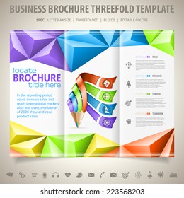 Business Brochure Design with Triangle Pattern, Pencil, Icons and Number Options. Vector Template.