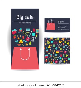 Business brochure flyer banner, business card and card with seamless pattern. Vector template design. Shopping bag with purchase. A lot of things pattern square card. Business card with shopping bag