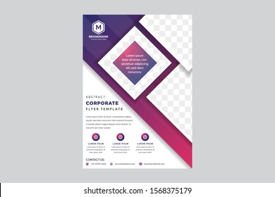 Business brochure, flyer and cover design layout template with red, pink and purple geometric triangle shapes and white background. Vector illustration. Square space for photo. mosaic style. 