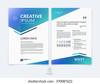 Business brochure, flyer and cover design layout template with blue and green geometric triangle shapes and colourful blurred backgrounds. Vector illustration.