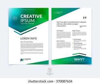 Business brochure, flyer and cover design layout template with blue and green geometric triangle shapes and colourful blurred backgrounds. Vector illustration.