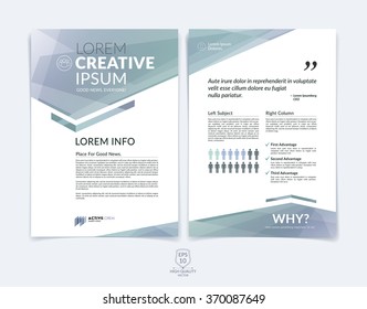 Business brochure, flyer and cover design layout template with light grey geometric triangle shapes and colourful blurred backgrounds. Vector illustration.